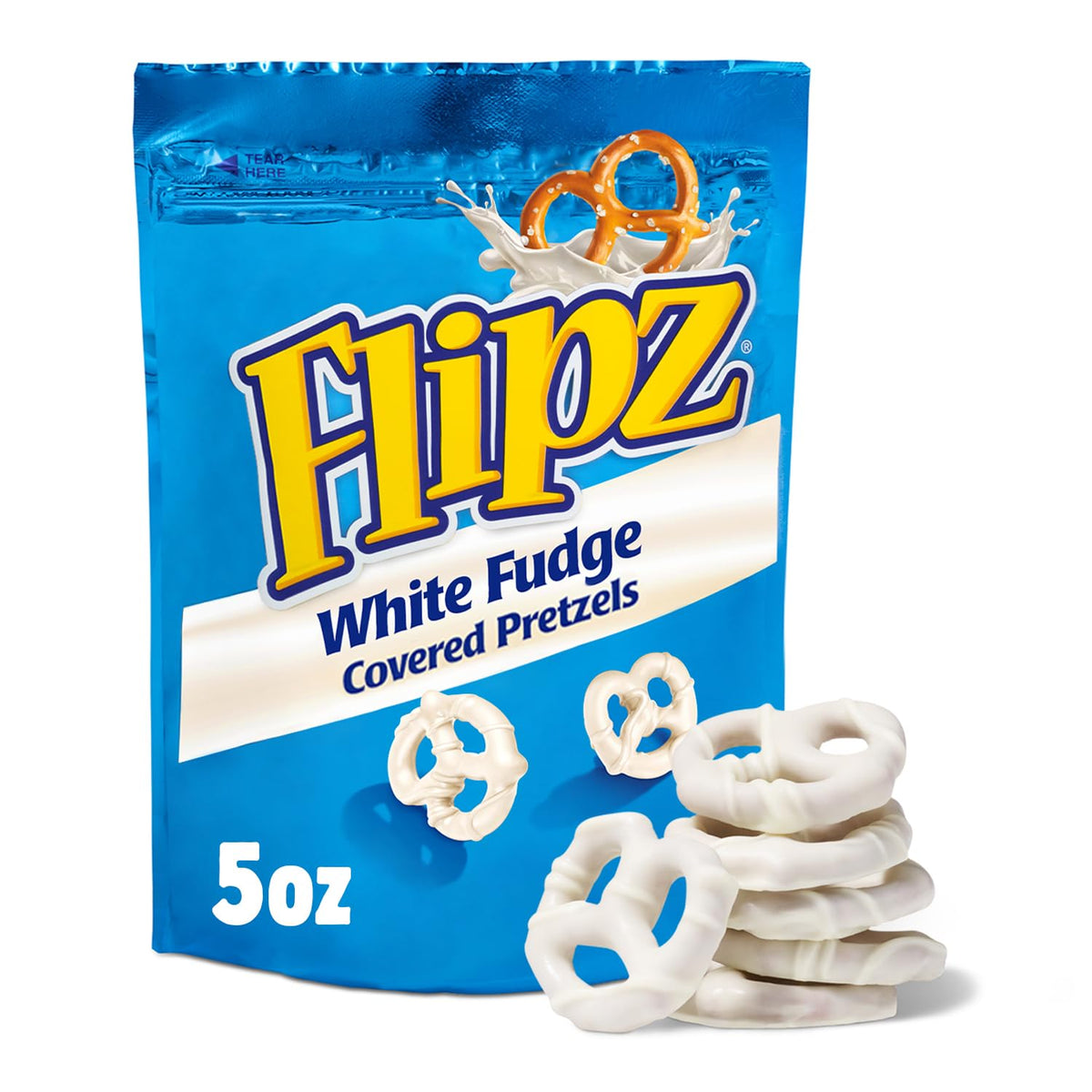 Flipz White Fudge Covered Pretzels bag close-up, salty-sweet crunch for snack time