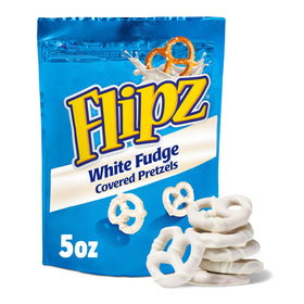 Flipz White Fudge Covered Pretzels bag close-up, salty-sweet crunch for snack time