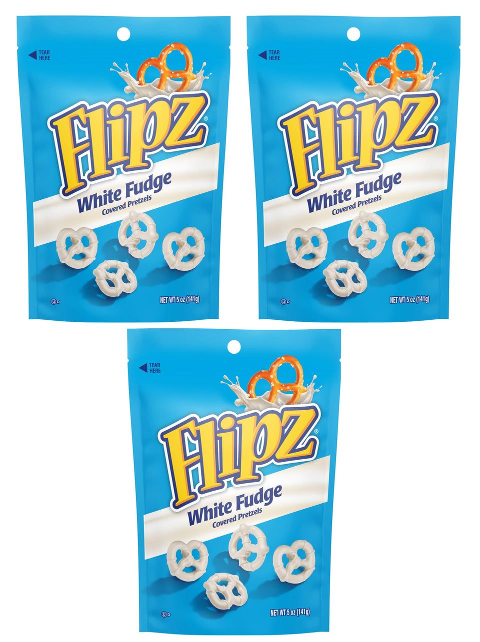 Flipz white fudge covered pretzels bags close-up for on-the-go snacking.