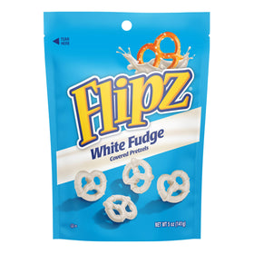 Close-up of crisp pretzel bites with creamy white fudge by Flipz.