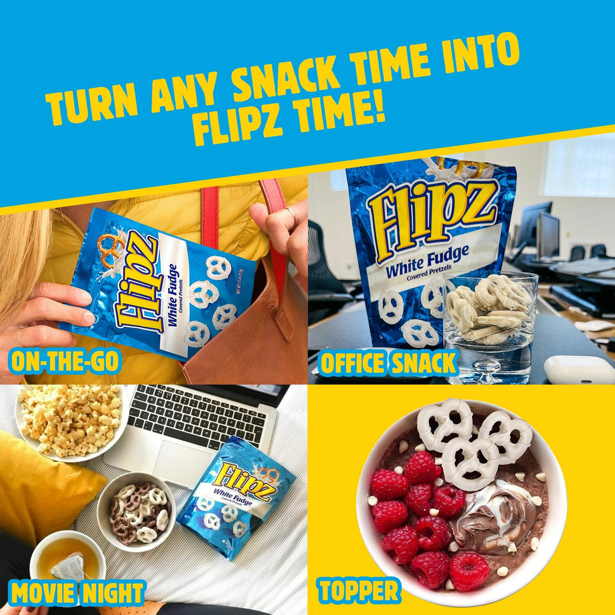 Serving idea: bowl of Flipz White Fudge Pretzels for game night