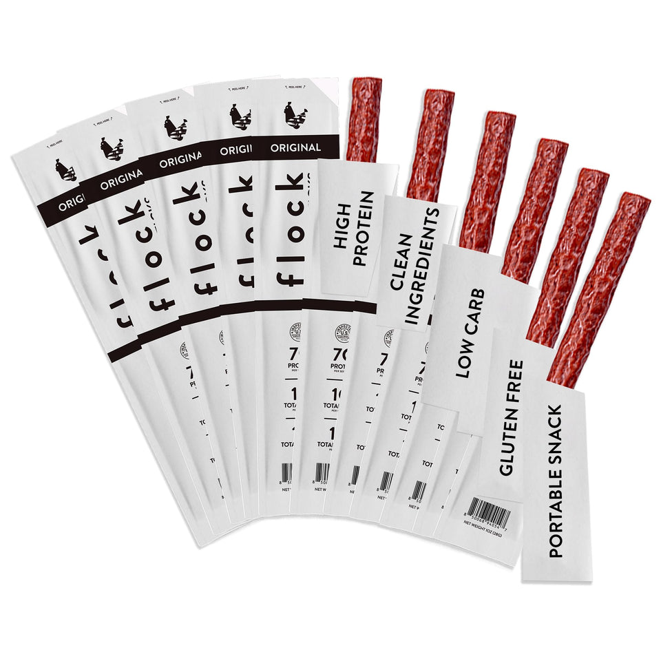 Flock Chicken Meat Sticks 10 Count packaging, a convenient high-protein snack