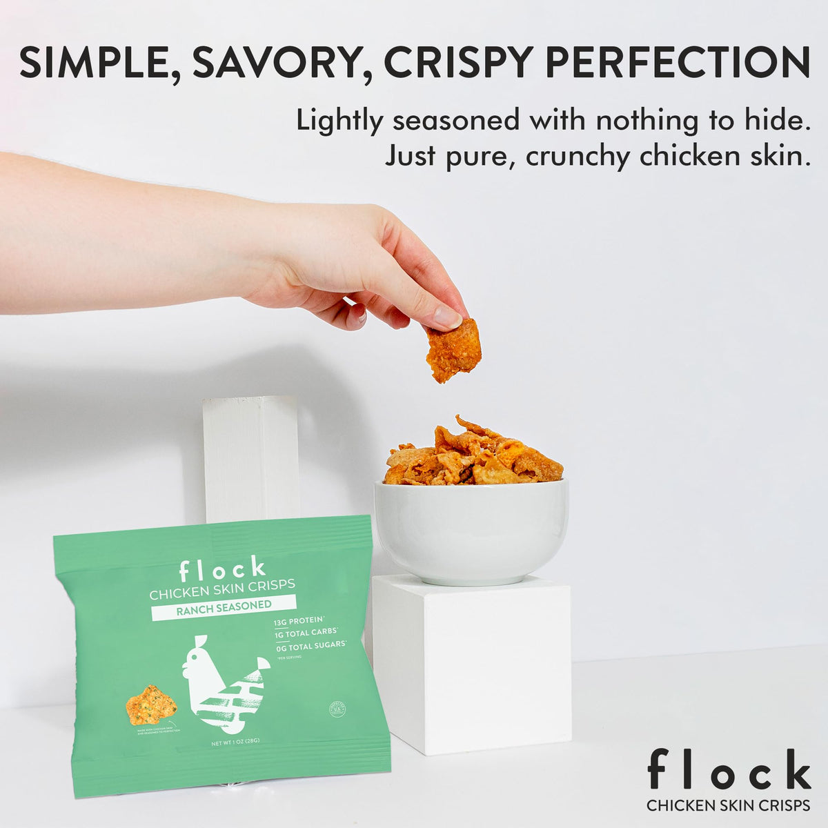 Flock chicken skin chips close-up crisp, real texture and protein-packed