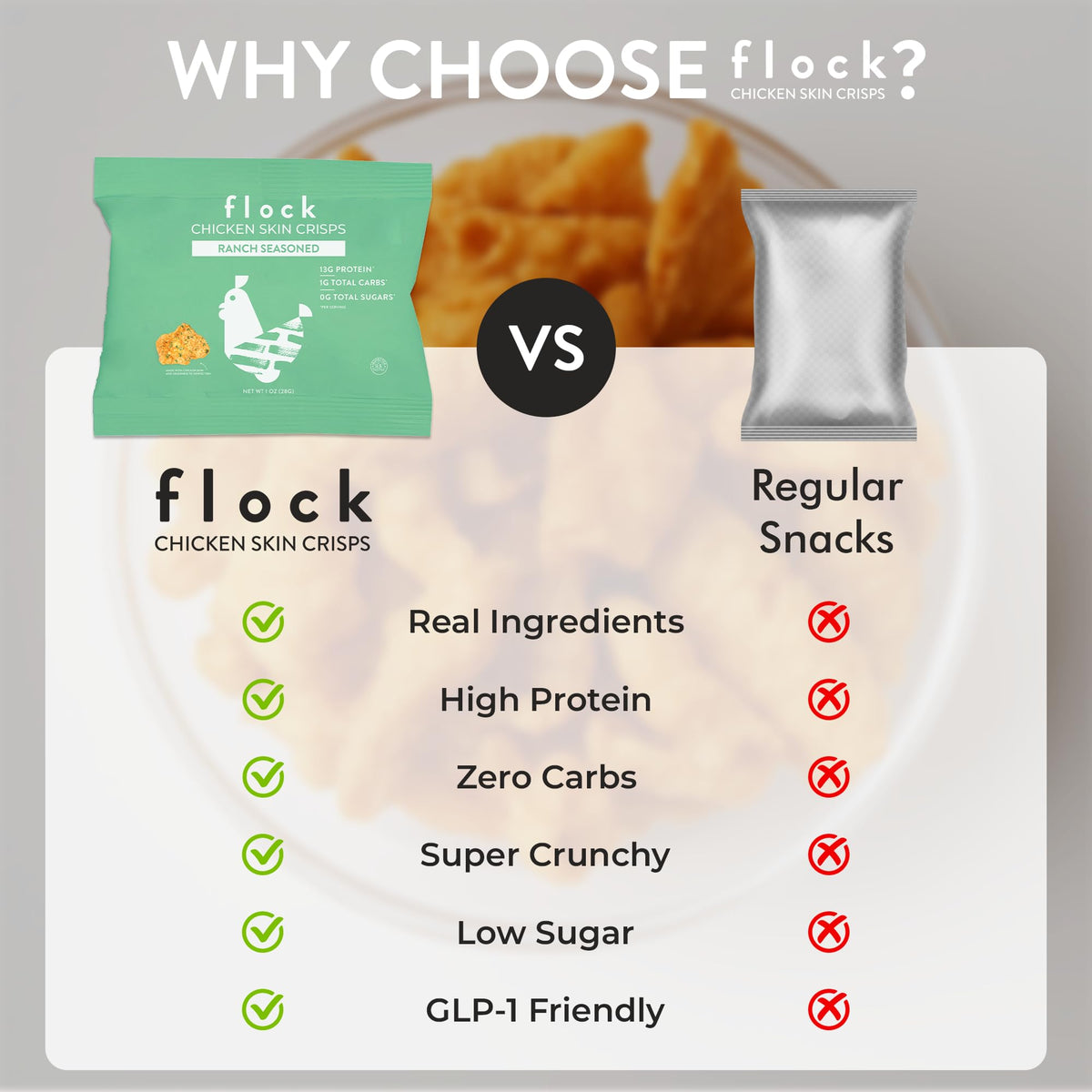 Flock chicken skin chips on salad, protein-packed topping idea