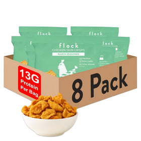 Flock ranch keto chicken skin chips bag close-up, crunchy, high-protein snack