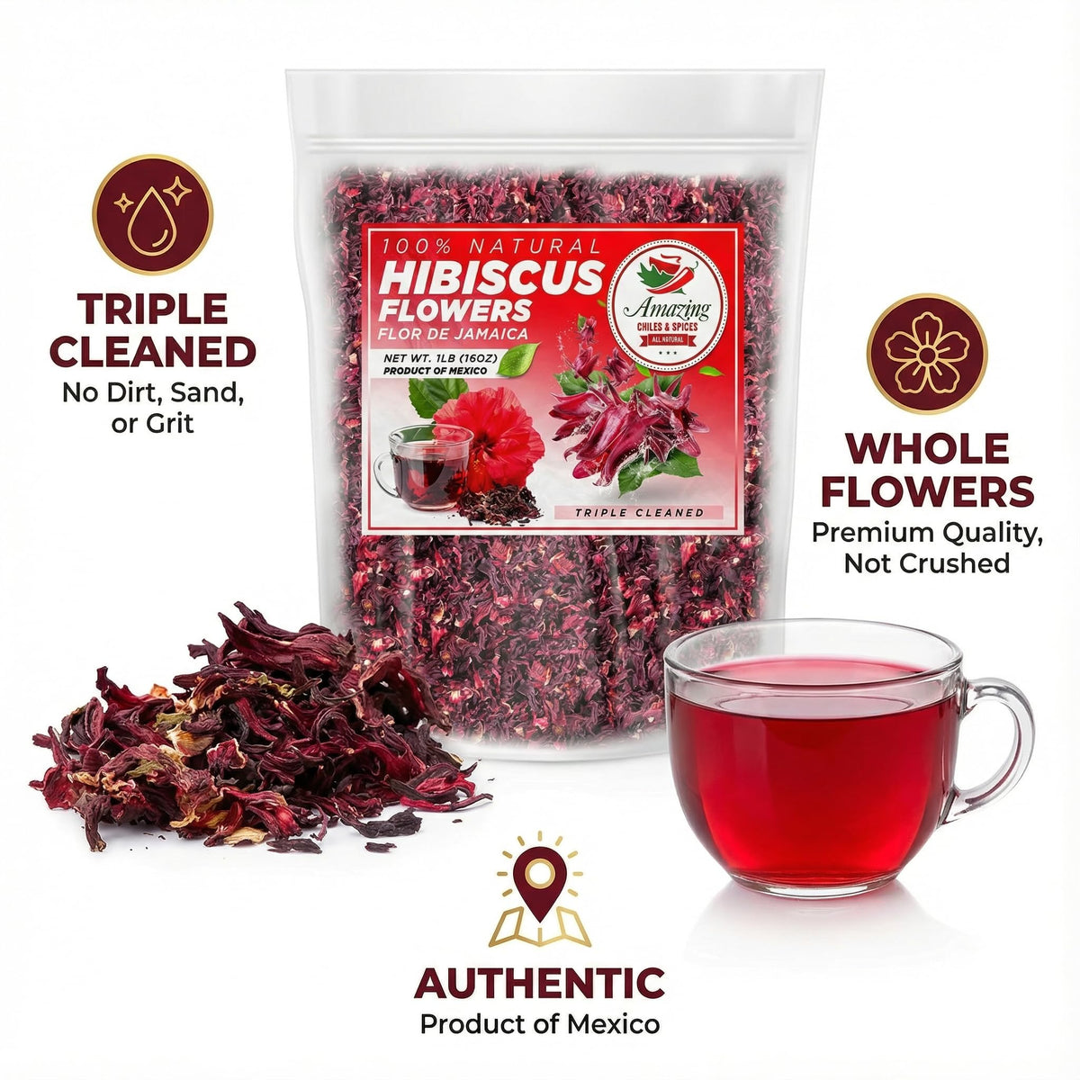 Flor de Jamaica petals view emphasizes premium quality and fresh harvest.