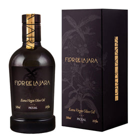 FLOR DE LA JARA olive oil bottle close-up, premium quality for finishing salads