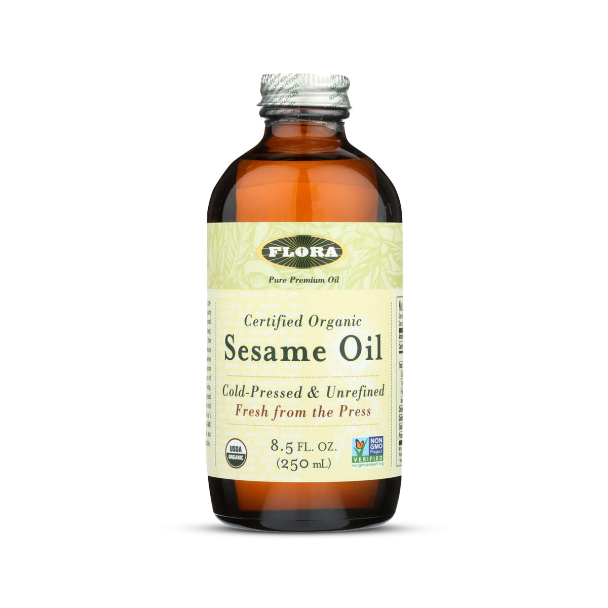 Flora certified organic sesame oil bottle for versatile cooking and rich aroma.