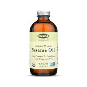 Flora certified organic sesame oil bottle for versatile cooking and rich aroma.