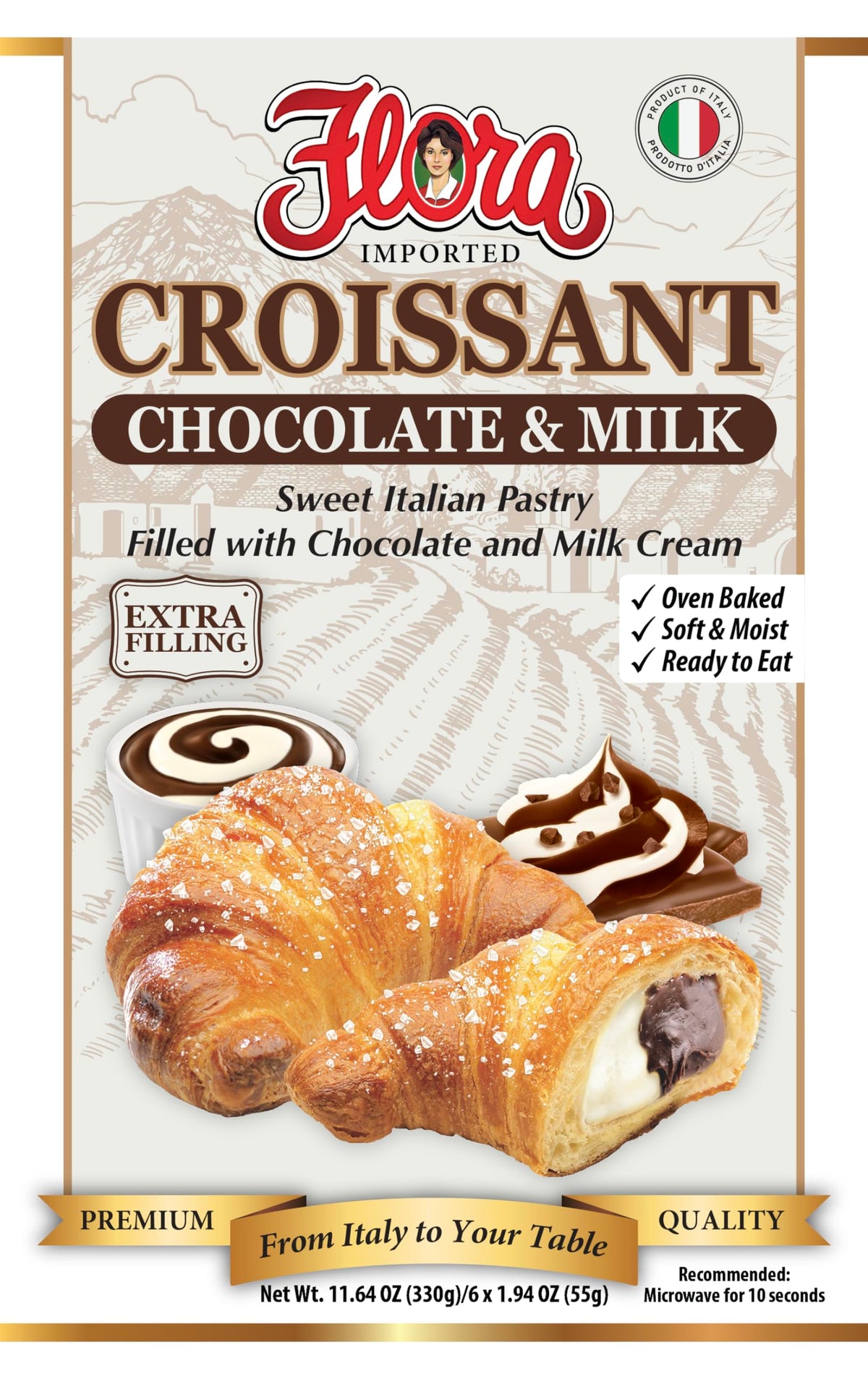 Flora Chocolate & Milk Croissant – oven-baked texture, ideal for breakfast with coffee.