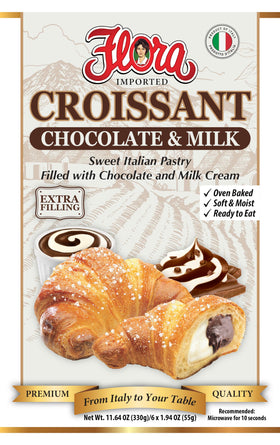 Flora Chocolate & Milk Croissant – oven-baked texture, ideal for breakfast with coffee.