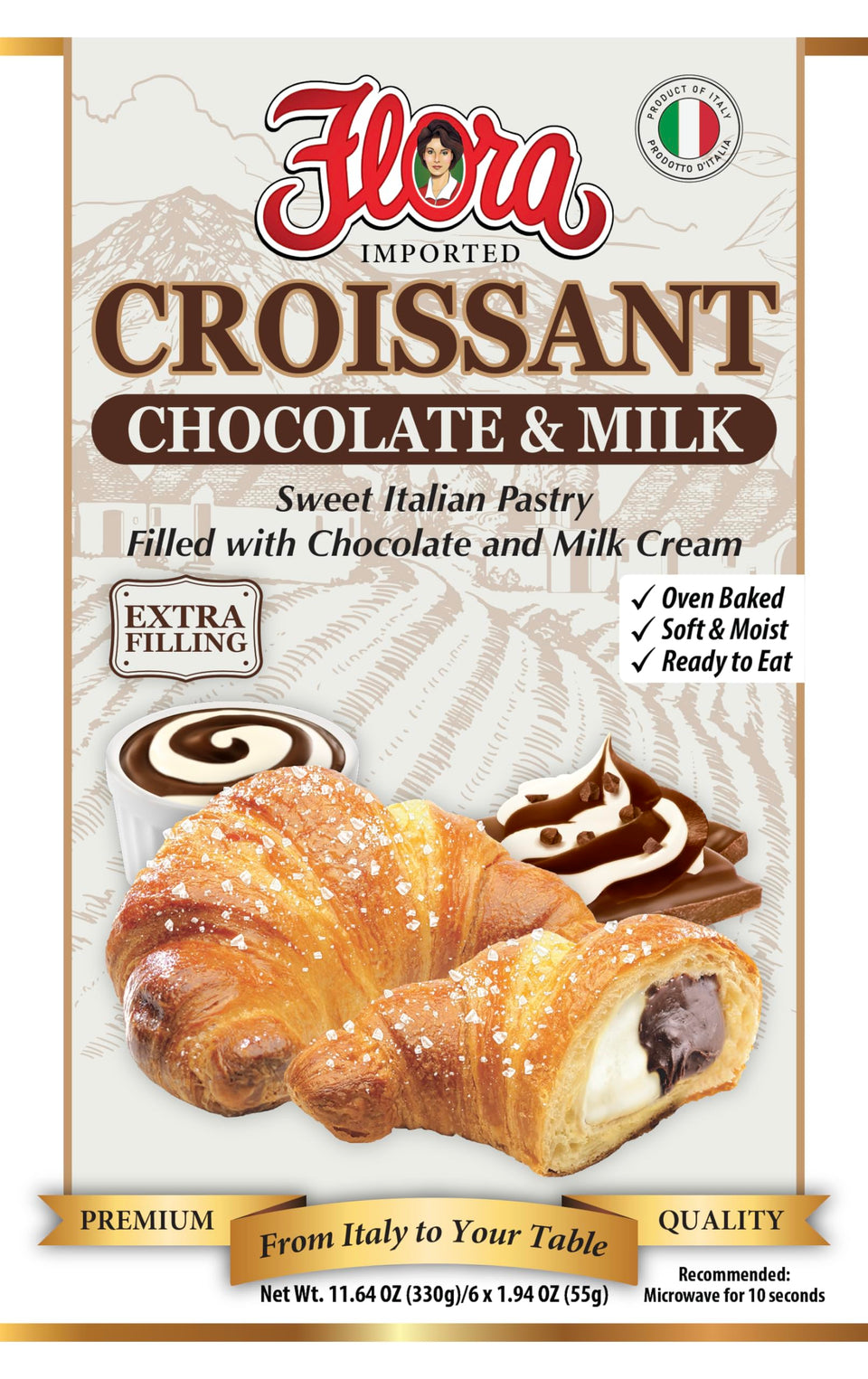 Flora Chocolate & Milk Croissant – oven-baked texture, ideal for breakfast with coffee.
