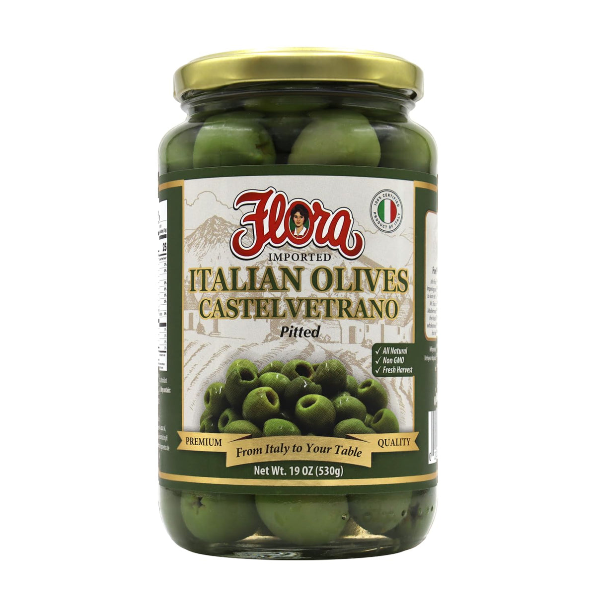 Flora Fine Foods Castelvetrano olives, pitted in a jar; ideal everyday snack.