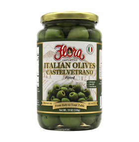 Flora Fine Foods Castelvetrano olives, pitted in a jar; ideal everyday snack.