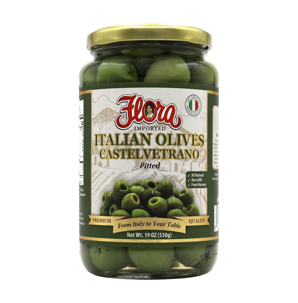 Flora Fine Foods Castelvetrano olives, pitted in a jar; ideal everyday snack.