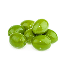 Flora Fine Foods Castelvetrano olives close-up; buttery flesh and bright green hue.