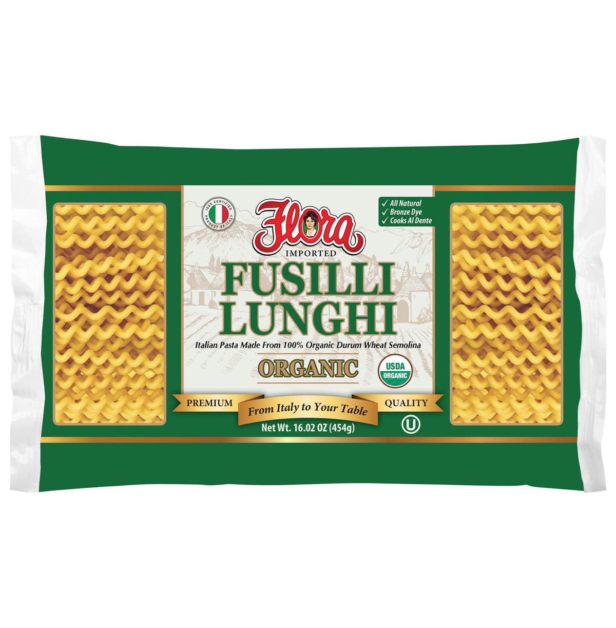 Flora Fine Foods Organic Fusilli Lunghi pack with long corkscrew pasta ready for sauces.