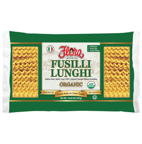 Flora Fine Foods Organic Fusilli Lunghi pack with long corkscrew pasta ready for sauces.