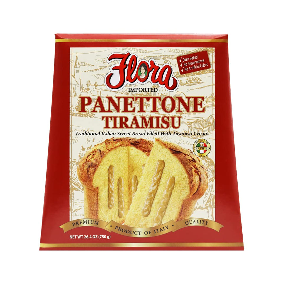 Flora Fine Foods Panettone Tiramisu sliced, moist Italian dessert ready to share