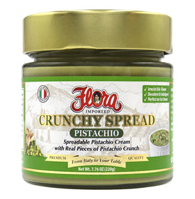 Flora Fine Foods Sweet Pistachio Crunchy Spread jar with pistachio pieces for gourmet desserts