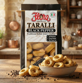 Flora Fine Foods taralli black pepper Italian origin plate for sharing.
