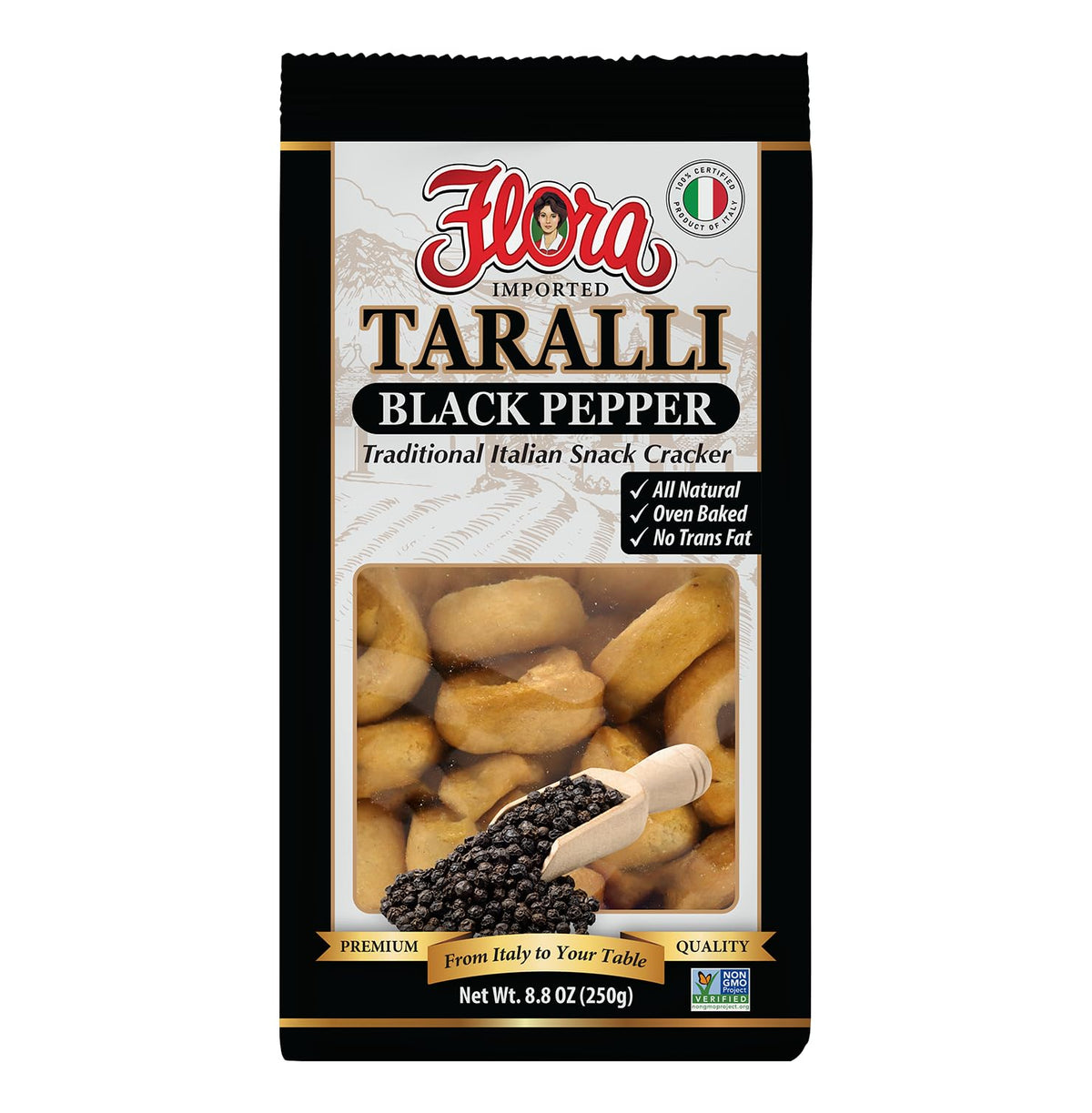 Flora Fine Foods taralli black pepper pack shown, crisp snack perfect for antipasto or quick bite.