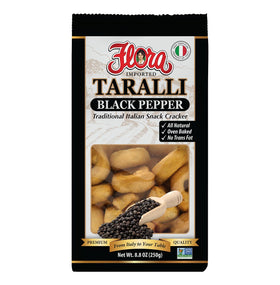 Flora Fine Foods taralli black pepper pack shown, crisp snack perfect for antipasto or quick bite.