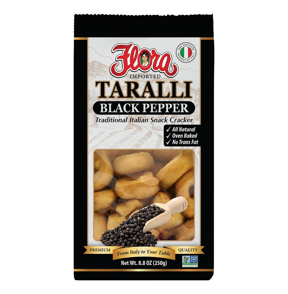 Flora Fine Foods taralli black pepper pack shown, crisp snack perfect for antipasto or quick bite.