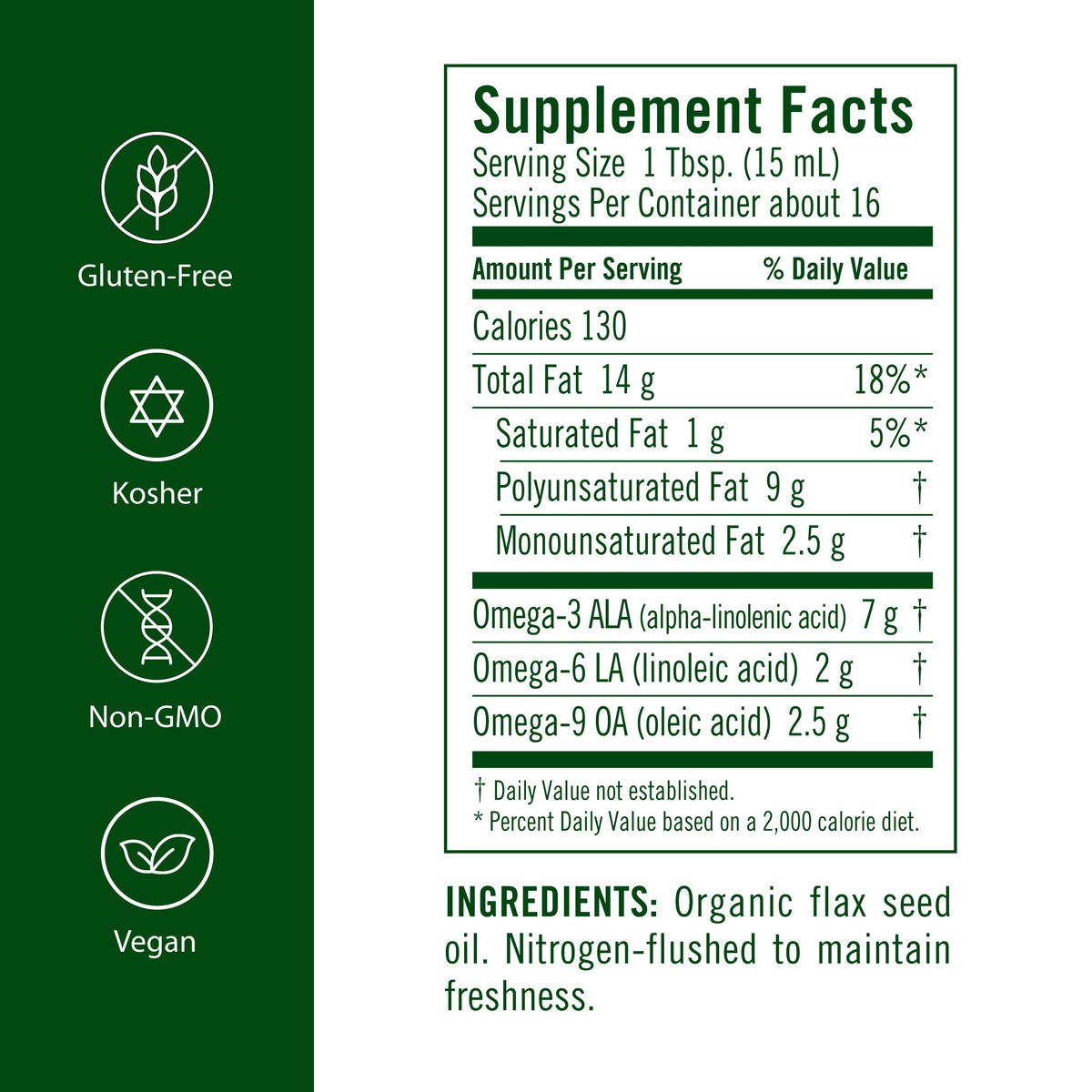 Flora Flax Oil cold-pressed bottle highlights omega-3 and omega-6.