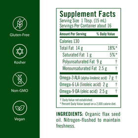 Flora Flax Oil cold-pressed bottle highlights omega-3 and omega-6.