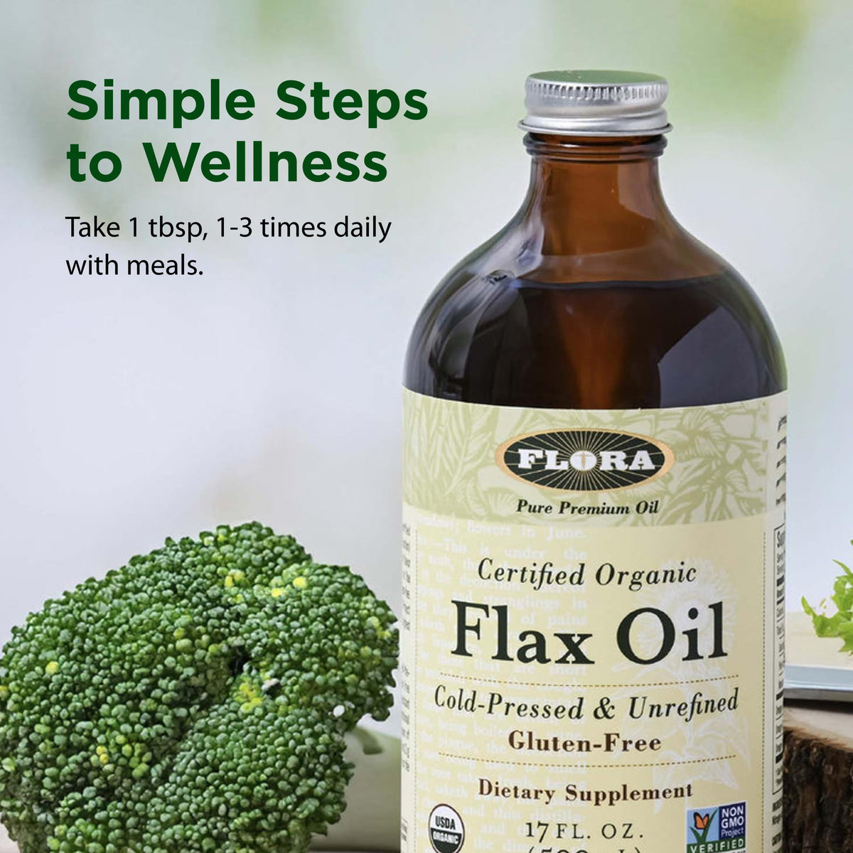 Flora Flax Oil organic non-GMO label signals gluten-free, pure plant-based EFAs.