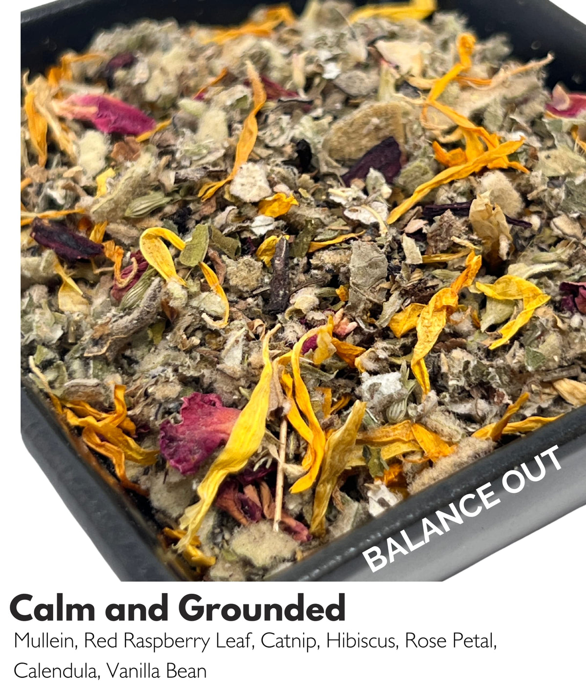 Close-up of Flora Jane's Smoke & Brew ingredients for a soothing herbal blend