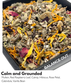 Close-up of Flora Jane's Smoke & Brew ingredients for a soothing herbal blend