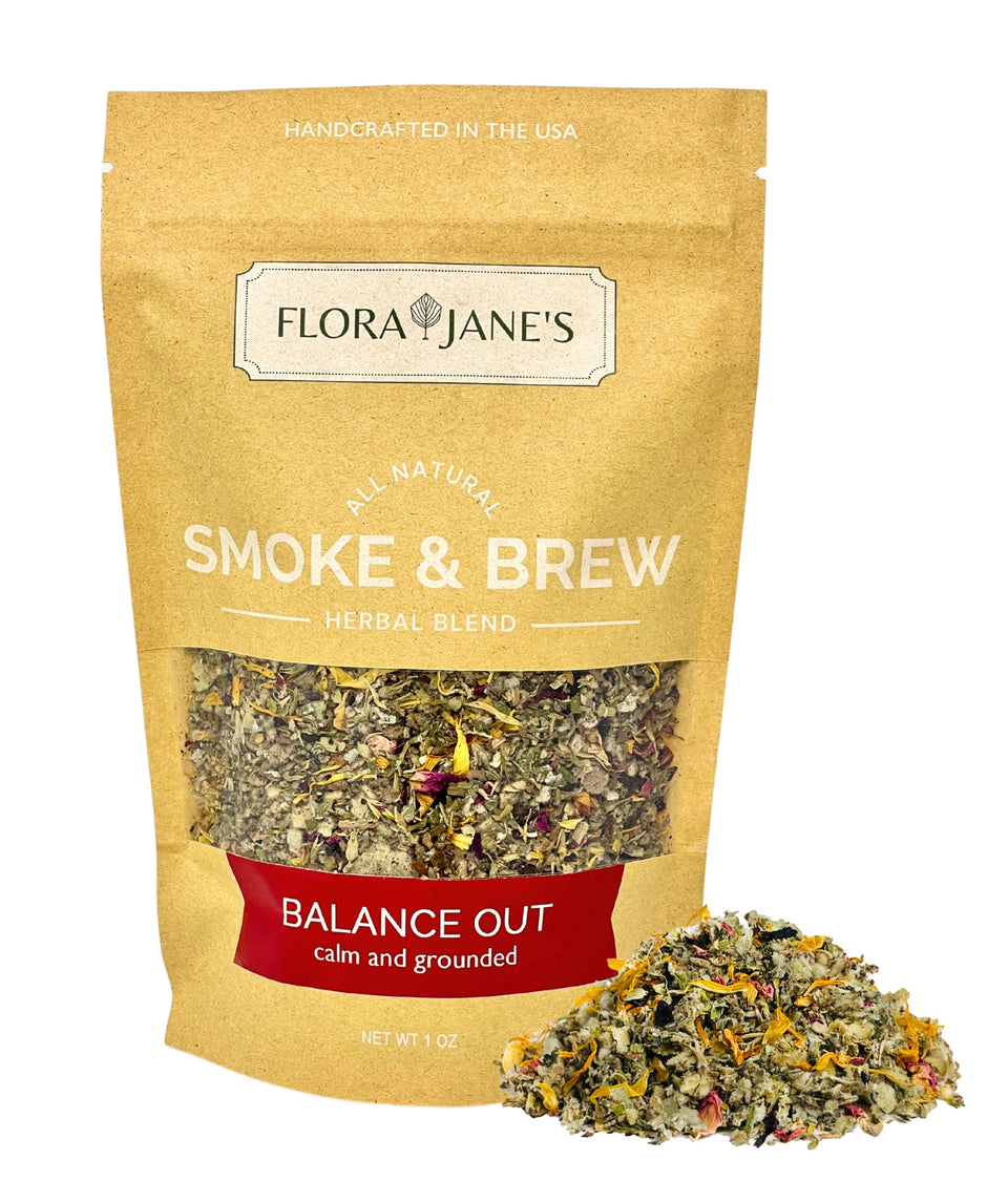 Flora Jane's Smoke & Brew tea in a cup, promoting a calm, balanced moment