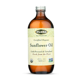 Flora Sunflower Oil in a dark glass bottle preserves freshness and nutrients.