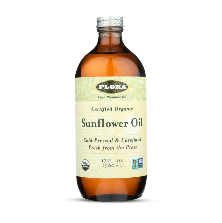 Flora Sunflower Oil in a dark glass bottle preserves freshness and nutrients.