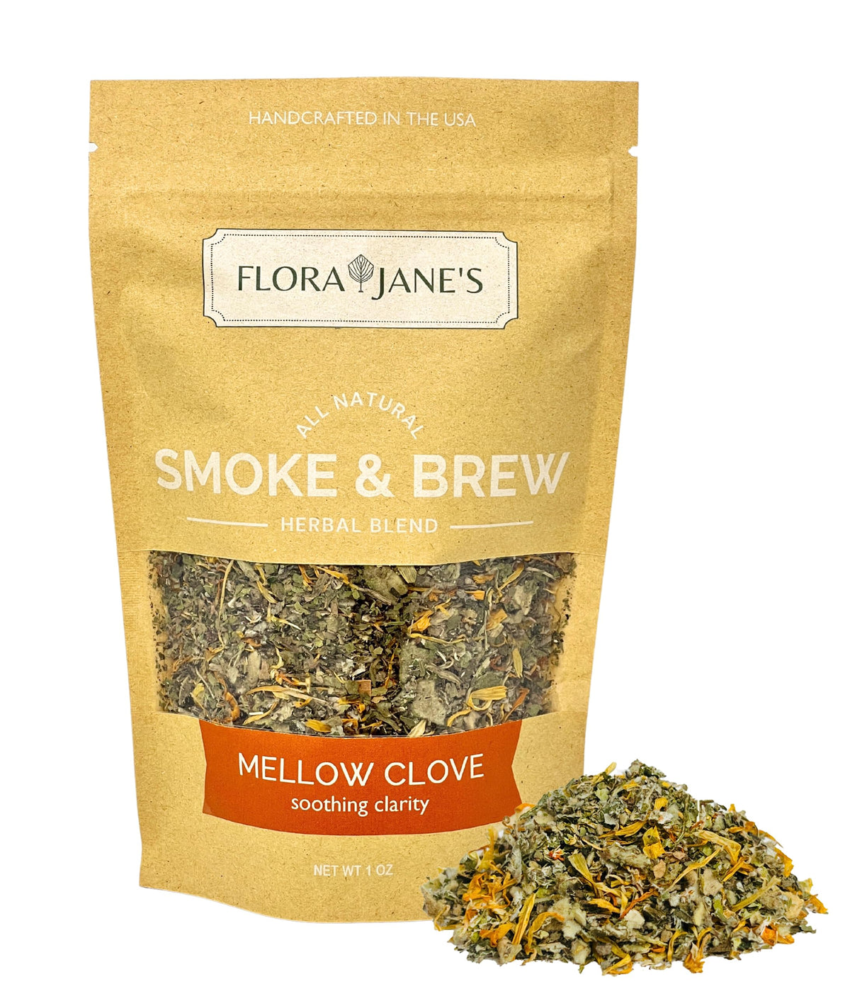 Flora Jane's Smoke & Brew Mellow Clove tea bag ready for a soothing herbal tea ritual.