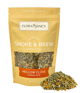 Flora Jane's Smoke & Brew Mellow Clove tea bag ready for a soothing herbal tea ritual.