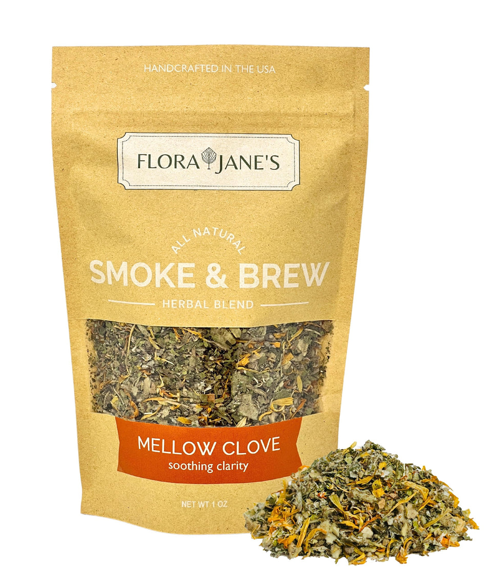 Flora Jane's Smoke & Brew Mellow Clove tea bag ready for a soothing herbal tea ritual.