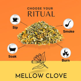 Flora Jane's Smoke & Brew Mellow Clove tea-steep shows fragrant infusion for hot or cold drinks.