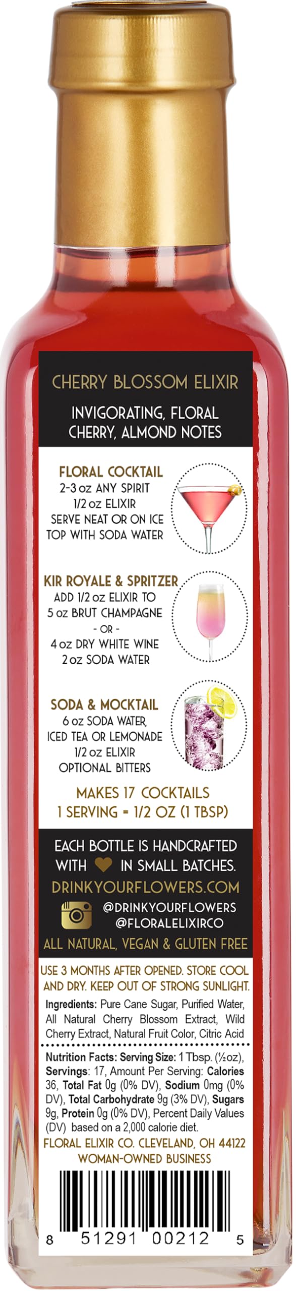 Glass with Cherry Blossom Elixir around bright beverages and mocktails