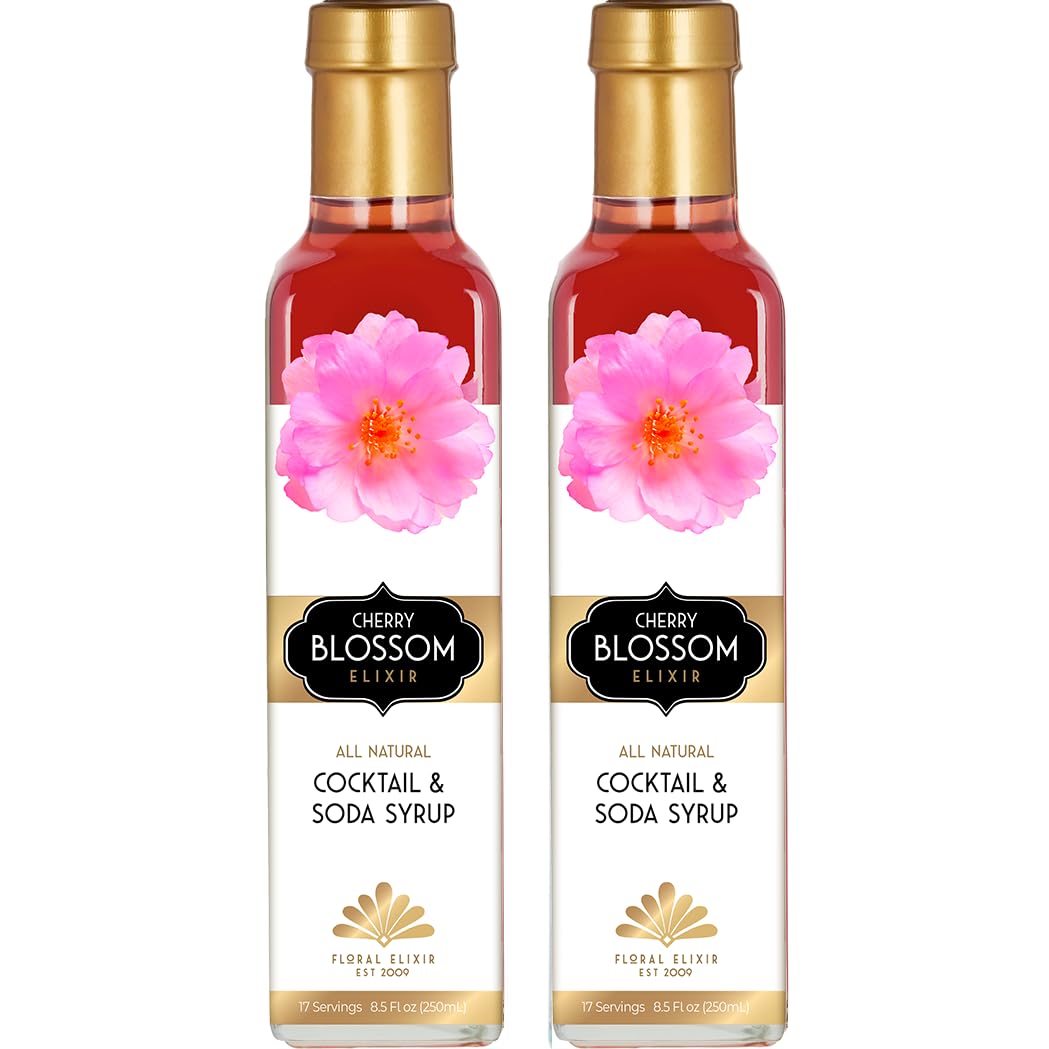 Floral Elixir Co cherry blossom syrup bottle front, elevating cocktails with sakura flavor.