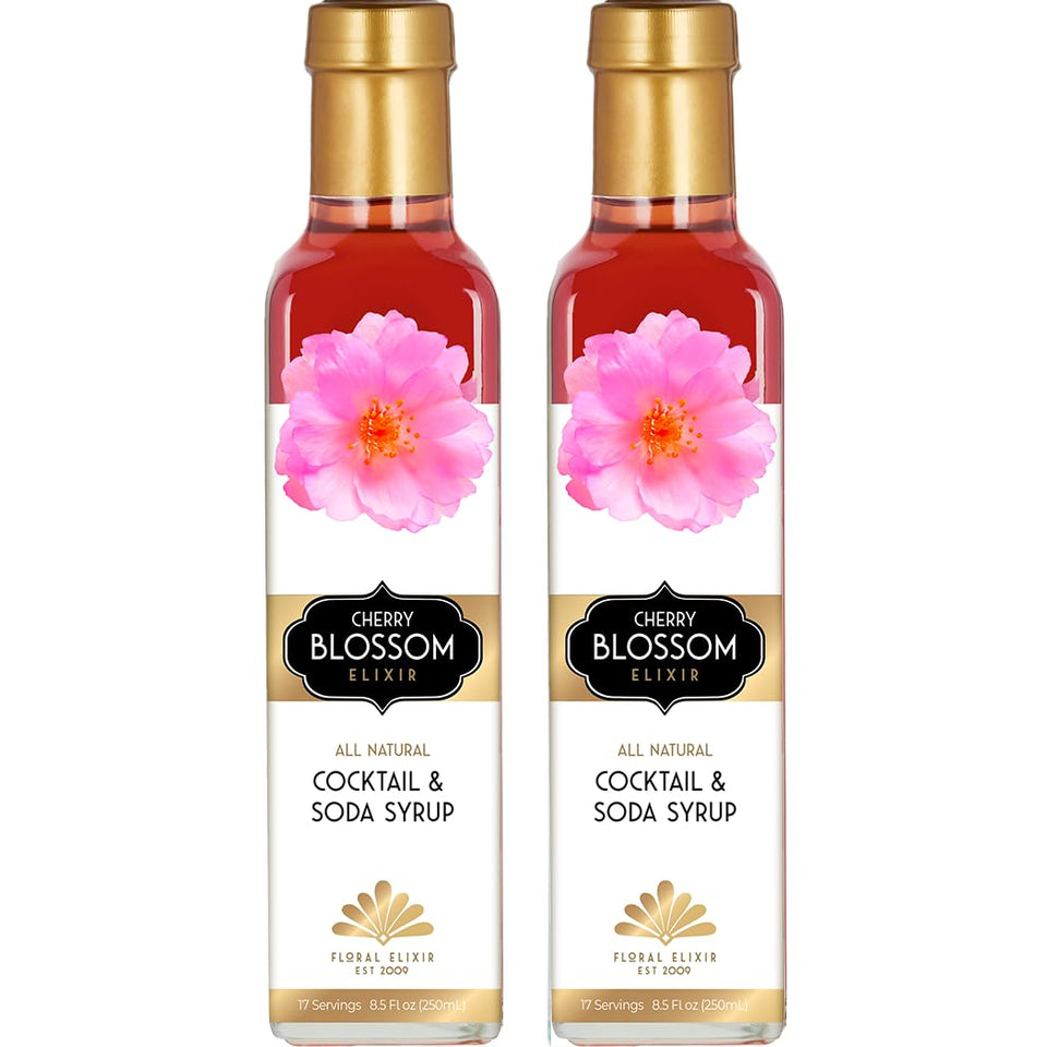 Floral Elixir Co cherry blossom syrup bottle front, elevating cocktails with sakura flavor.