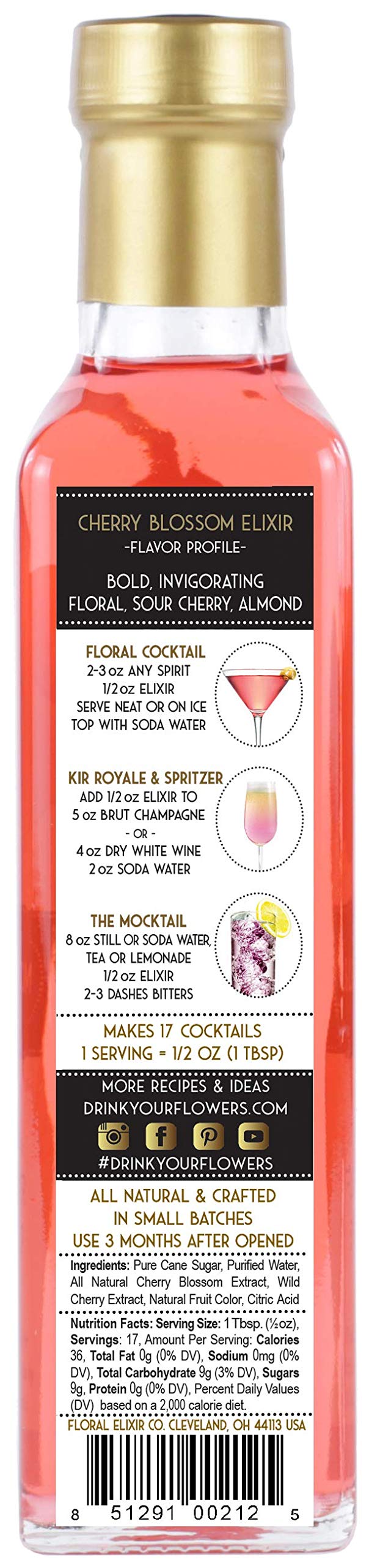 Floral Elixir Co cherry blossom syrup used in sodas and mocktails.