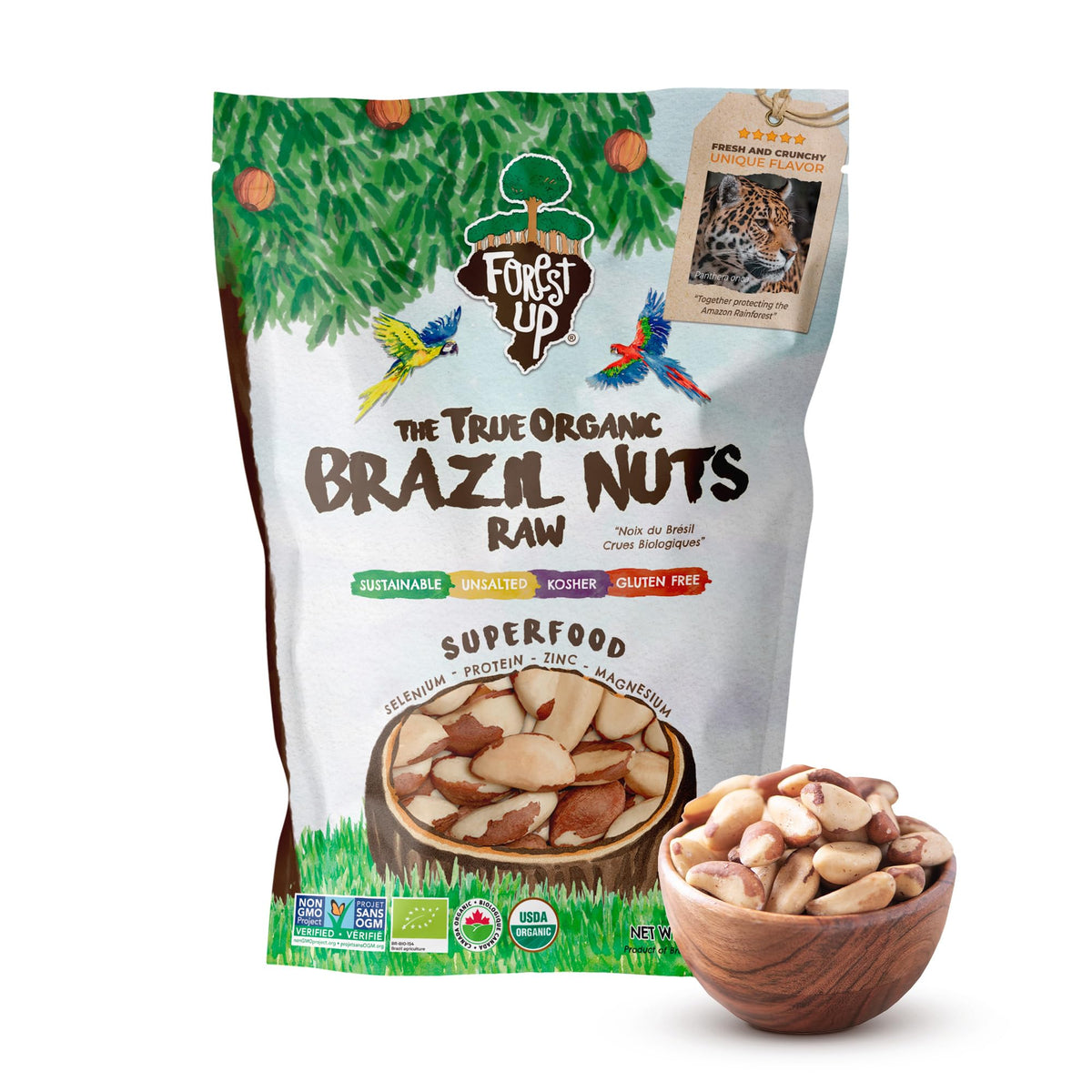 Floresta em Pé Brazil nuts packaging highlights organic harvest and snack-ready convenience.
