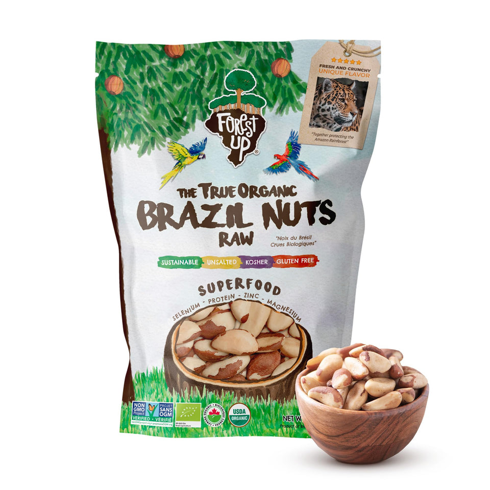 Floresta em Pé Brazil nuts packaging highlights organic harvest and snack-ready convenience.