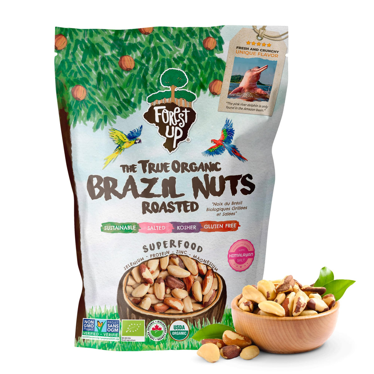 Floresta em Pé Brazil nuts roasted with Himalayan salt in a jar for a savory, protein-rich snack.