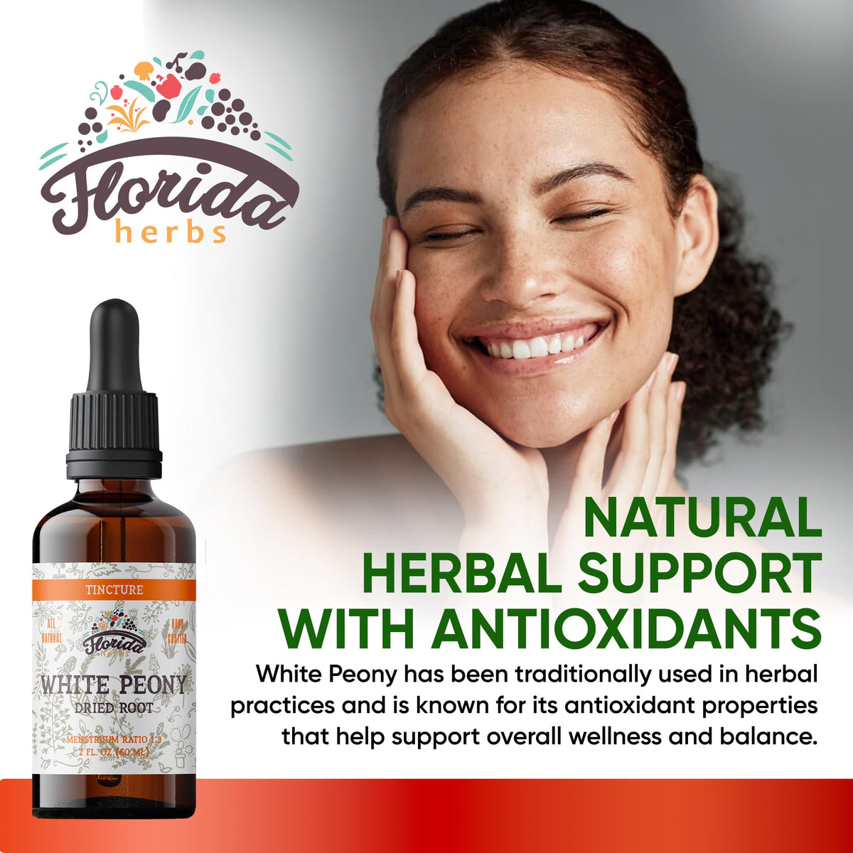Close-up of Florida Herbs White Peony tincture bottle and dropper for easy daily use.