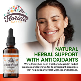 Close-up of Florida Herbs White Peony tincture bottle and dropper for easy daily use.