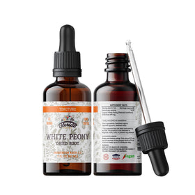 Florida Herbs White Peony tincture bottle front view with hormone-free, preservative-free formula.